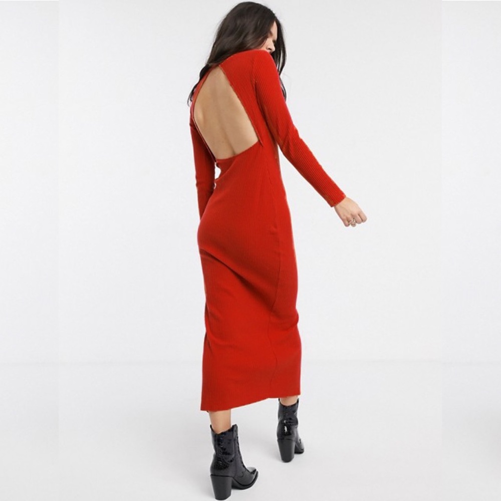 ASOS Red Ribbed Long Sleeve Open-Back Maxi Dress